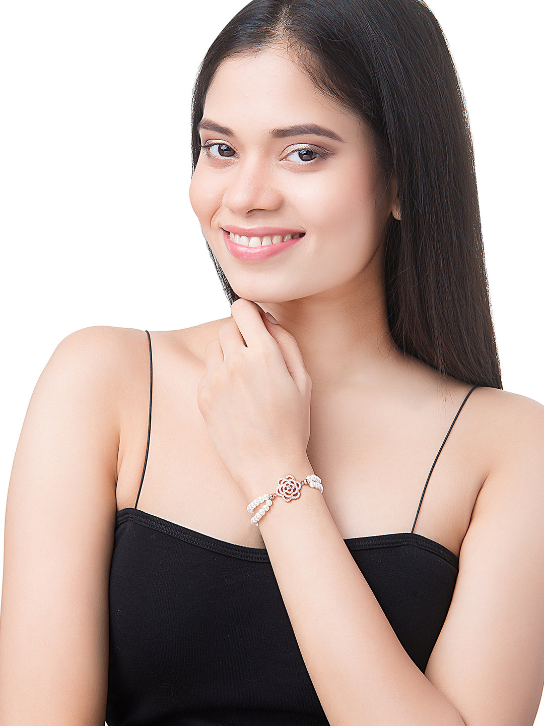 CZ Studded Gold Plated Designer Stylish and Latest Flower & Hamsa Charm Pearl Bracelet for Girls & Women (MD_3217_RG)