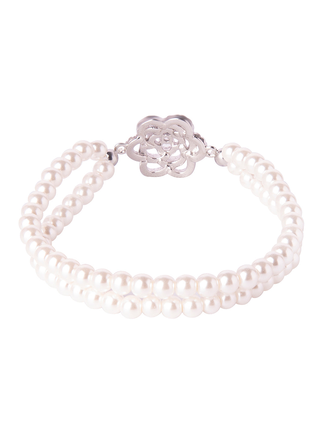 CZ Studded Gold Plated Designer Stylish and Latest Flower & Hamsa Charm Pearl Bracelet for Girls & Women (MD_3217_S)