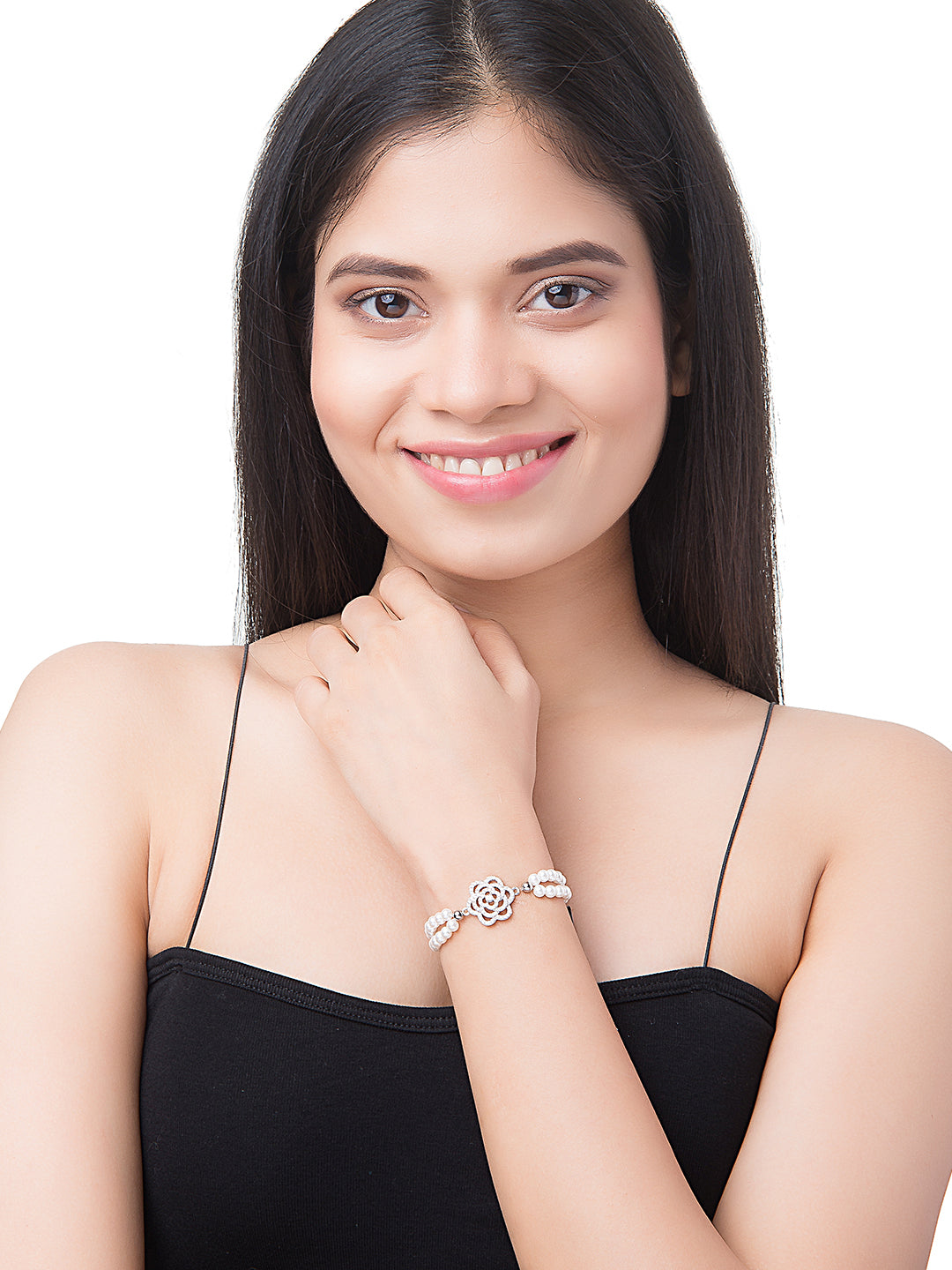 CZ Studded Gold Plated Designer Stylish and Latest Flower & Hamsa Charm Pearl Bracelet for Girls & Women (MD_3217_S)