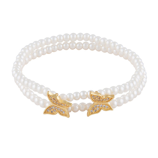 22K CZ Studded Gold Plated Designer Stylish and Latest Butterfly & Hamsa Charm Pearl Bracelet for Girls & Women (MD_3218_G)