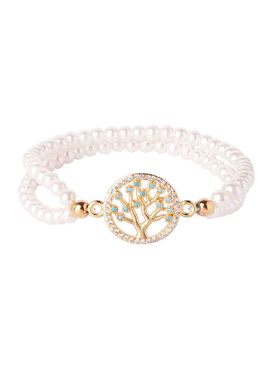 CZ Studded Gold Plated Designer Stylish and Latest Tree of Life Charm Pearl Bracelet for Girls & Women (MD_3219_G)