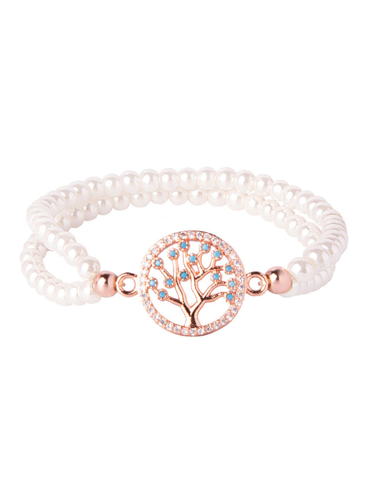 CZ Studded Rose Gold Plated Designer Stylish and Latest Tree of Life Charm Pearl Bracelet for Girls & Women (MD_3219_RG)