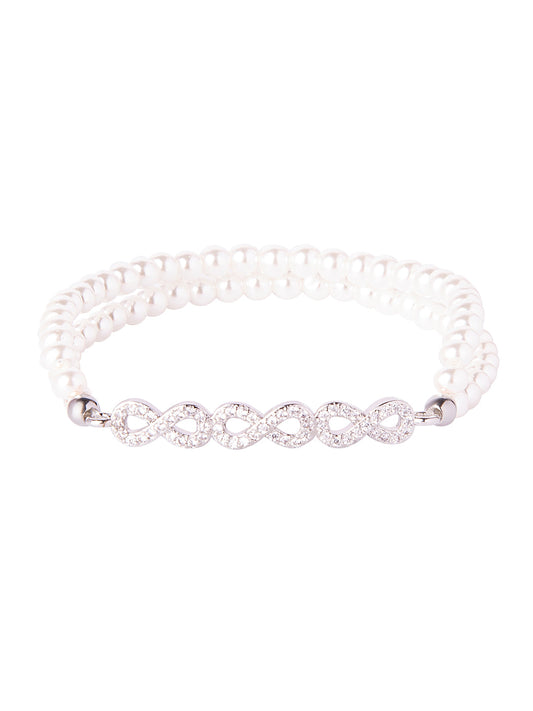 CZ Studded Silver Plated Designer Stylish and Latest Infinity & Hamsa Charm Pearl Bracelet for Girls & Women (MD_3221_S)