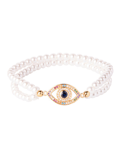 CZ Studded Gold Plated Designer Stylish and Latest Evil Eye & Hamsa Charm Pearl Bracelet for Girls & Women (MD_3222_G)