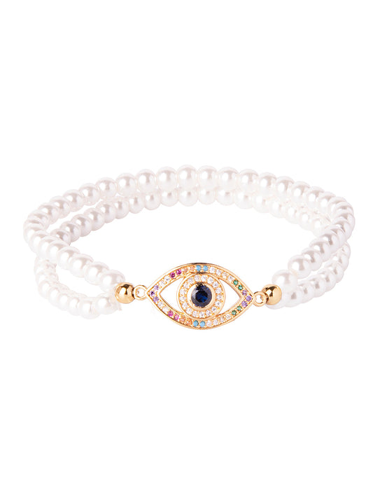 CZ Studded Gold Plated Designer Stylish and Latest Evil Eye & Hamsa Charm Pearl Bracelet for Girls & Women (MD_3222_G)