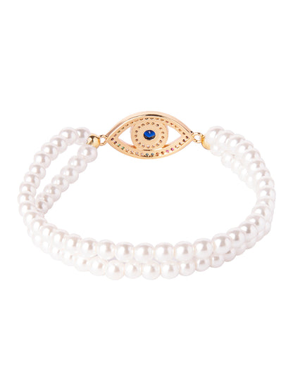 CZ Studded Gold Plated Designer Stylish and Latest Evil Eye & Hamsa Charm Pearl Bracelet for Girls & Women (MD_3222_G)