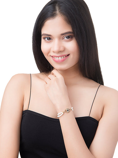 CZ Studded Gold Plated Designer Stylish and Latest Evil Eye & Hamsa Charm Pearl Bracelet for Girls & Women (MD_3222_G)
