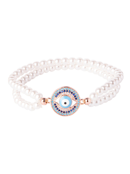 CZ Studded Rose Gold Plated Designer Stylish and Latest Evil Eye & Hamsa Charm Pearl Bracelet for Girls & Women (MD_3223_RG)
