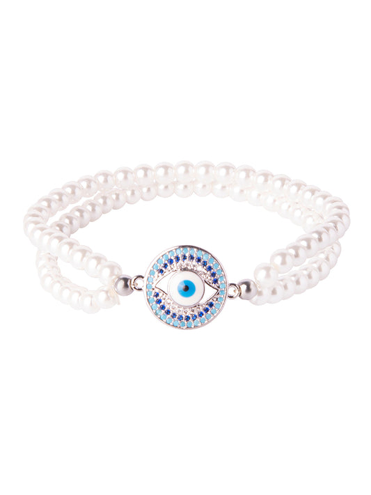 CZ Studded Silver Plated Designer Stylish and Latest Evil Eye & Hamsa Charm Pearl Bracelet for Girls & Women (MD_3223_S)
