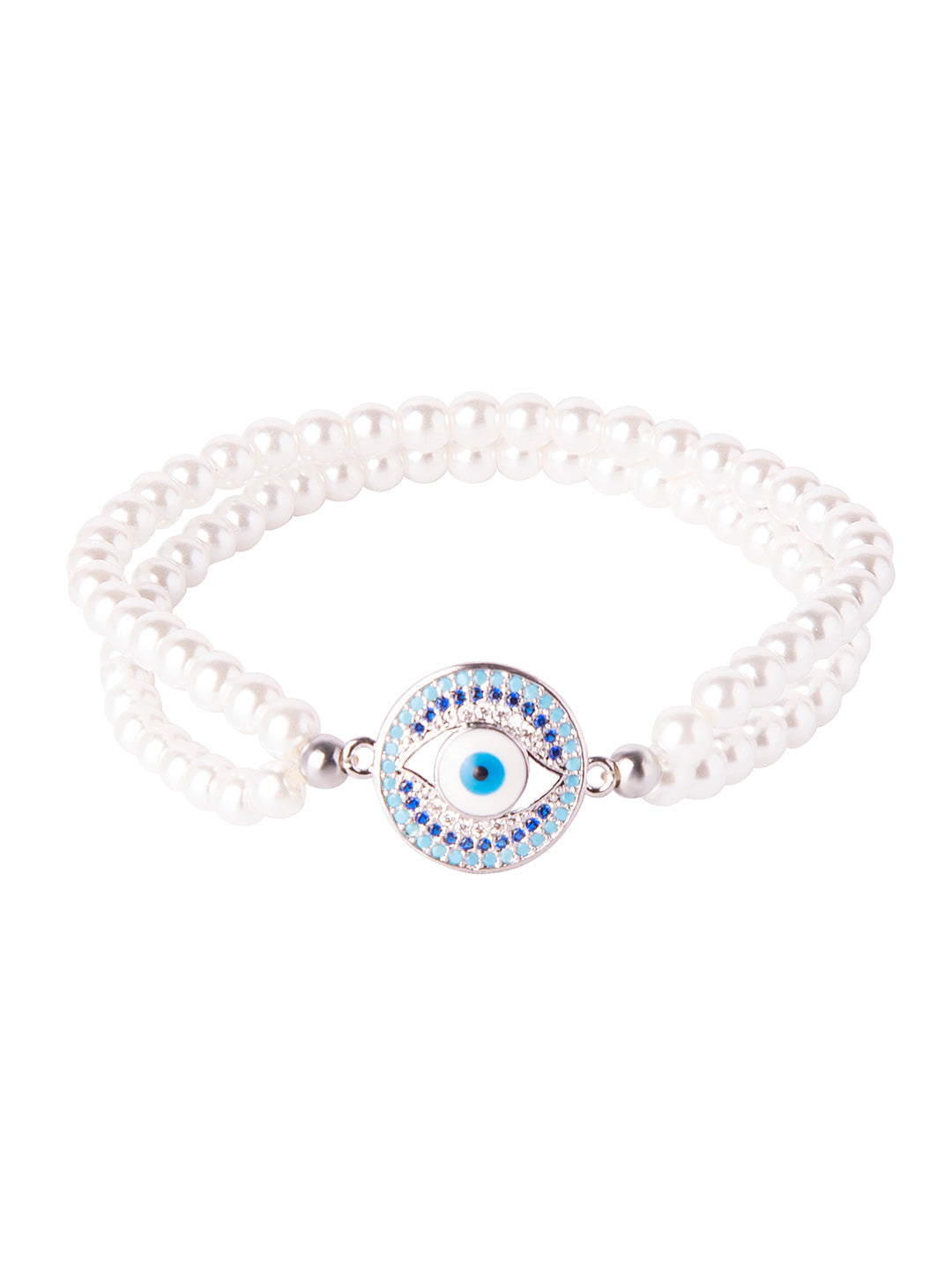 CZ Studded Silver Plated Designer Stylish and Latest Evil Eye & Hamsa Charm Pearl Bracelet for Girls & Women (MD_3223_S)