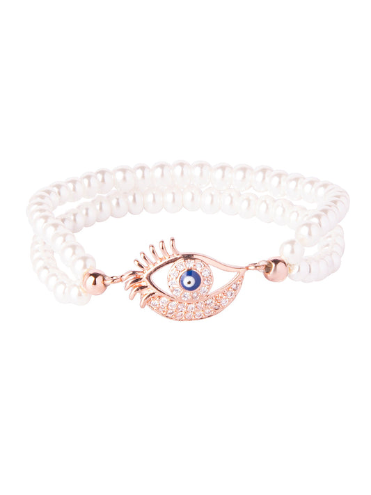 CZ Studded Rose Gold Plated Designer Stylish and Latest Evil Eye & Hamsa Charm Pearl Bracelet for Girls & Women (MD_3224_RG)