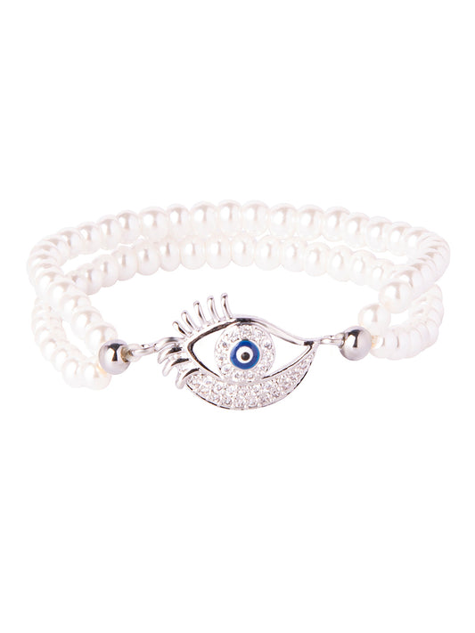 CZ Studded Gold Plated Designer Stylish and Latest Evil Eye & Hamsa Charm Pearl Bracelet for Girls & Women (MD_3224_S)