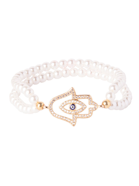 CZ Studded Gold Plated Designer Stylish and Latest Evil Eye & Hamsa Charm Pearl Bracelet for Girls & Women (MD_3225_G)