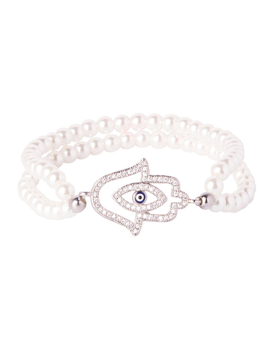 CZ Studded Silver Plated Designer Stylish and Latest Evil Eye & Hamsa Charm Pearl Bracelet for Girls & Women (MD_3225_S)