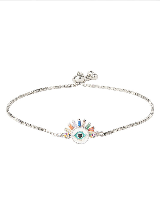 CZ Studded Silver Plated Designer Stylish and Latest Evil Eye & Hamsa Charm Bracelet for Girls & Women (MD_3228_S)