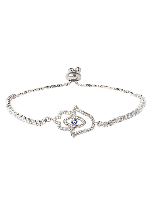 CZ Studded Silver Plated Designer Stylish and Latest Evil Eye & Hamsa Charm Bracelet for Girls & Women (MD_3244_S)