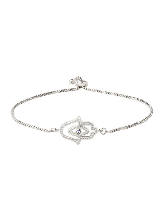 CZ Studded Silver Plated Designer Stylish and Latest Evil Eye & Hamsa Charm Bracelet for Girls & Women (MD_3245_S)