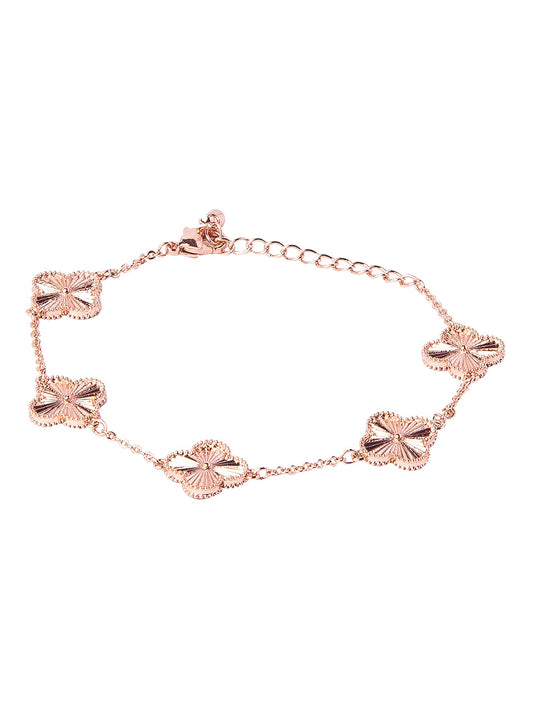 Rose Gold Plated American Diamond Designer Flower Clover Bracelet For Girls, Teens & Women