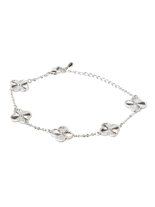 Silver Plated American Diamond Designer Flower Clover Bracelet For Girls, Teens & Women