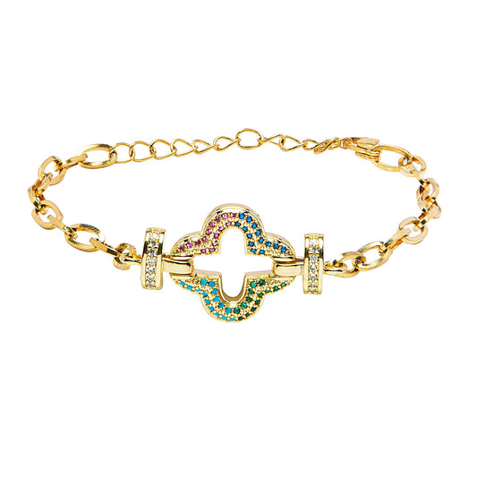 CZ Studded Gold Plated Designer Stylish and Latest Charm Flower Clover Bracelet for Girls & Women (MD_3269_G)