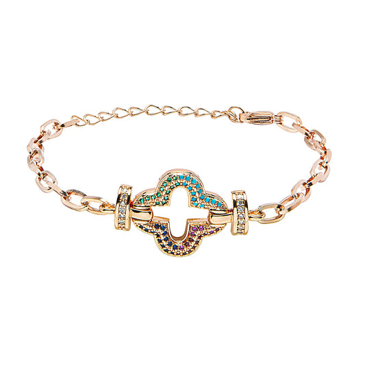 CZ Studded RoseGold Plated Designer Stylish and Latest Charm Flower Clover Bracelet for Girls & Women (MD_3269_RG)