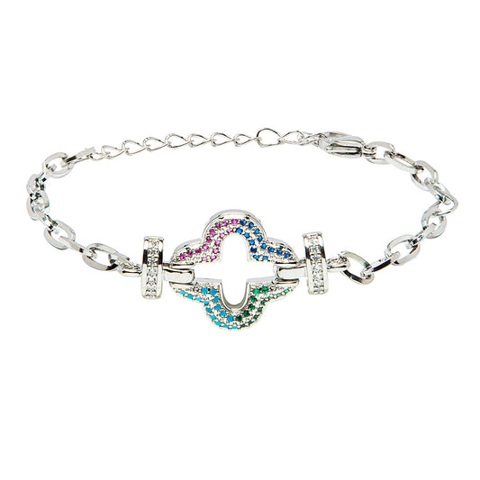 CZ Studded Silver Plated Designer Stylish and Latest Charm Flower Clover Bracelet for Girls & Women (MD_3269_S)