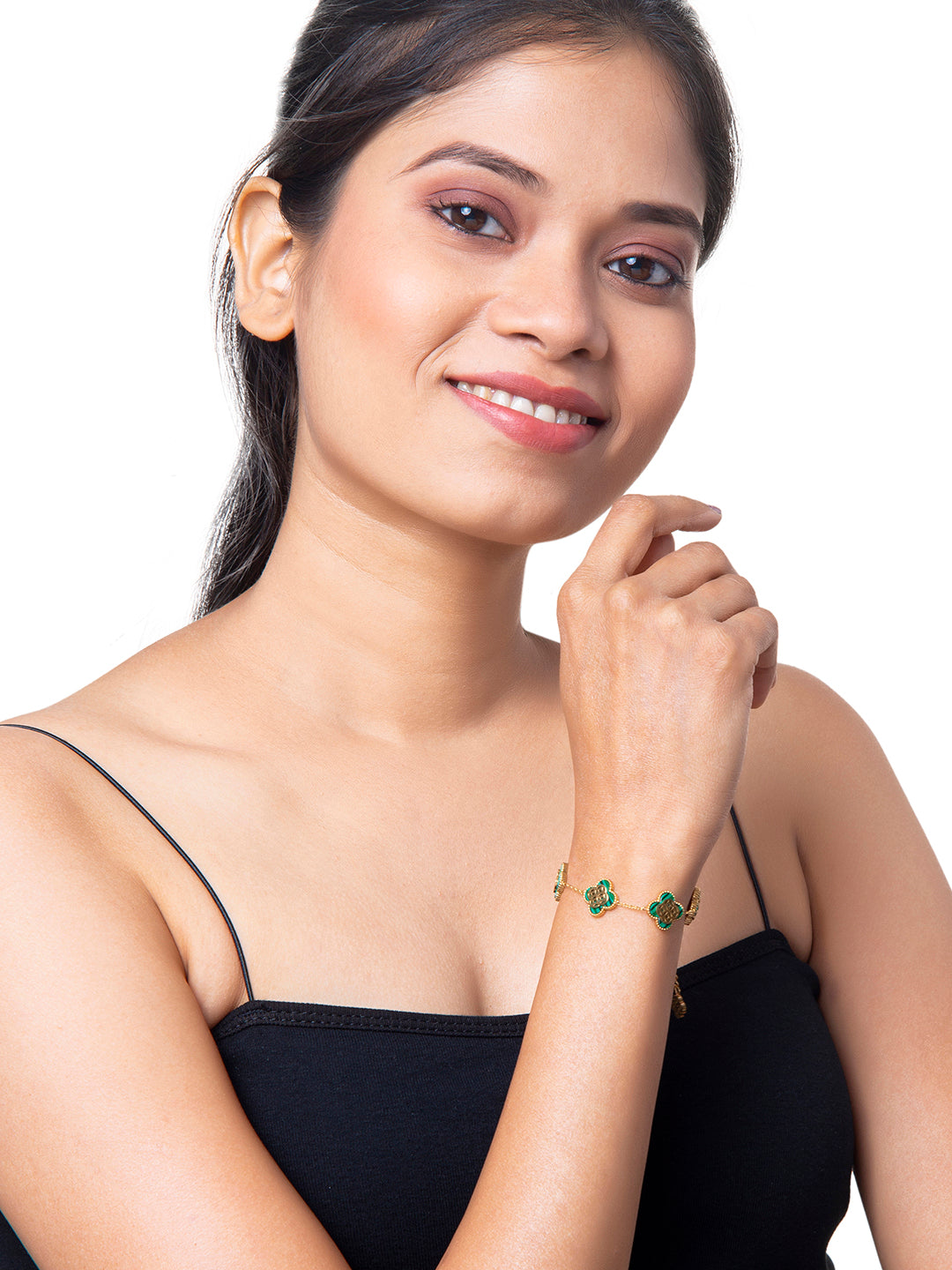 Gold Plated Long Chain Alhambra Clover Bracelet For Girls, Teens & Women MD_3285_G