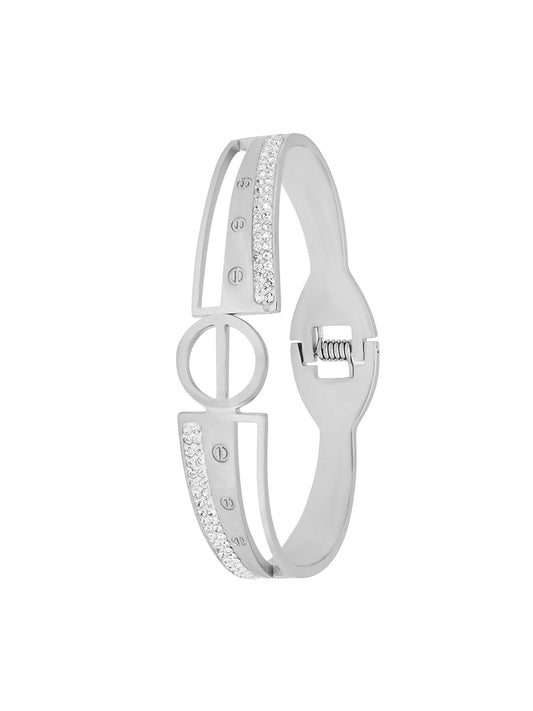 MOONDUST Silver Rhodium Plated CZ and Crystal Studded Western Style Freesize Bracelet Bangle for Women (MD_3286_S)