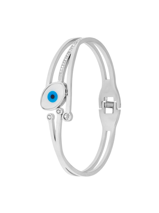 MOONDUST Silver Rhodium Plated CZ and Crystal Studded Western Evil eye Style Freesize Bracelet Bangle for Women (MD_3289_S)