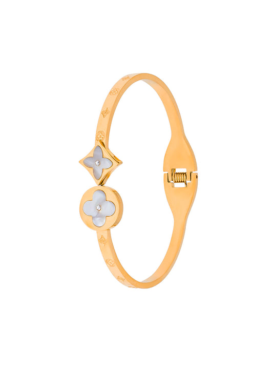 MOONDUST Gold Plated White (Mother of Pearl) CZ and Crystal Studded Western Style Freesize Bracelet Bangle for Women (MD_3290_G)