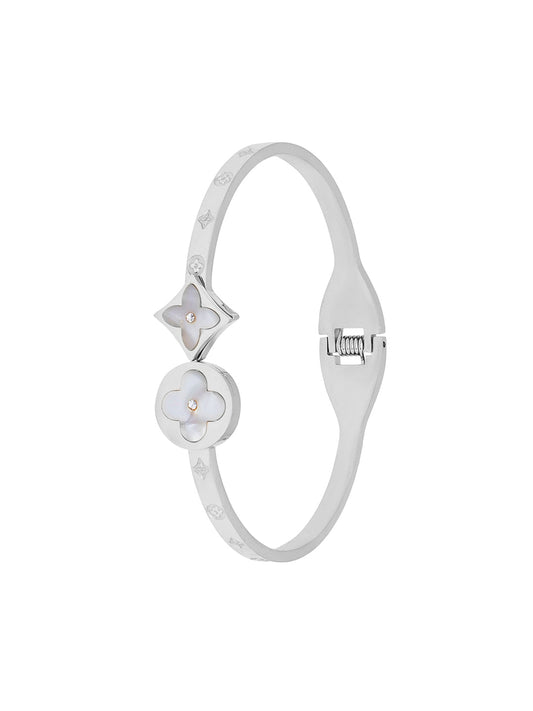 MOONDUST Silver Rhodium Plated White (Mother of Pearl) CZ and Crystal Studded Western Style Freesize Bracelet Bangle for Women (MD_3290_S)