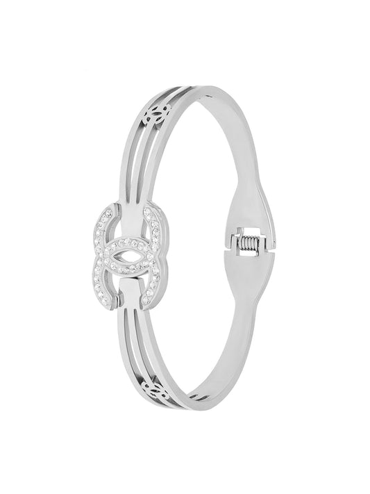 MOONDUST Silver Rhodium Plated CZ and Crystal Studded Western Style Freesize Bracelet Bangle for Women (MD_3293_S)