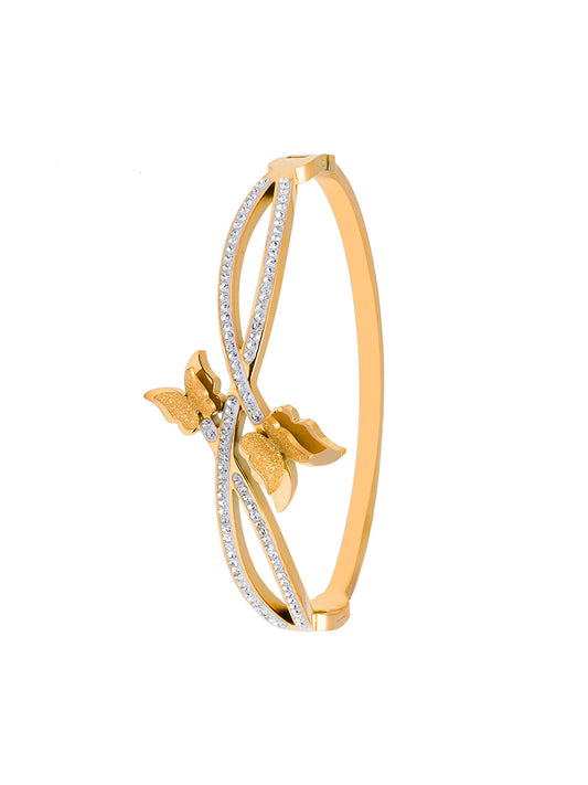 MOONDUST Gold Plated CZ and Crystal Studded Western Butterfly Style Freesize Bracelet Bangle for Women (MD_3294_G)