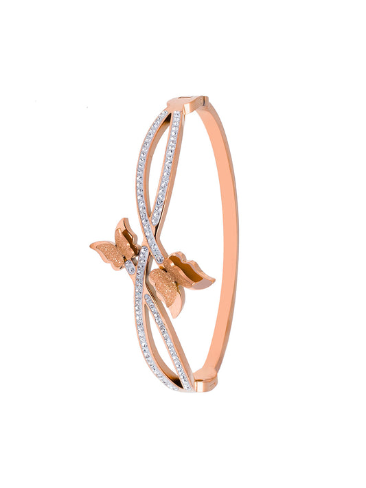 MOONDUST Rose Gold Plated CZ and Crystal Studded Western Butterfly Style Freesize Bracelet Bangle for Women (MD_3294_RG)