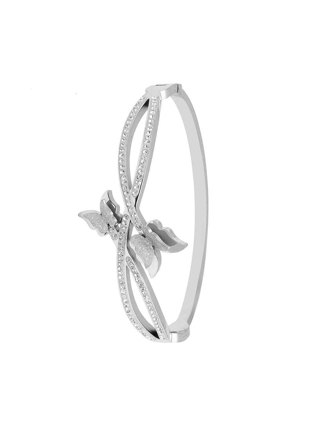 MOONDUST Silver Rhodium Plated CZ and Crystal Studded Western Butterfly Style Freesize Bracelet Bangle for Women (MD_3294_S)