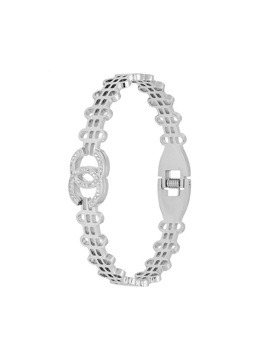 MOONDUST Silver Rhodium Plated CZ and Crystal Studded Western Style Freesize Bracelet Bangle for Women (MD_3295_S)