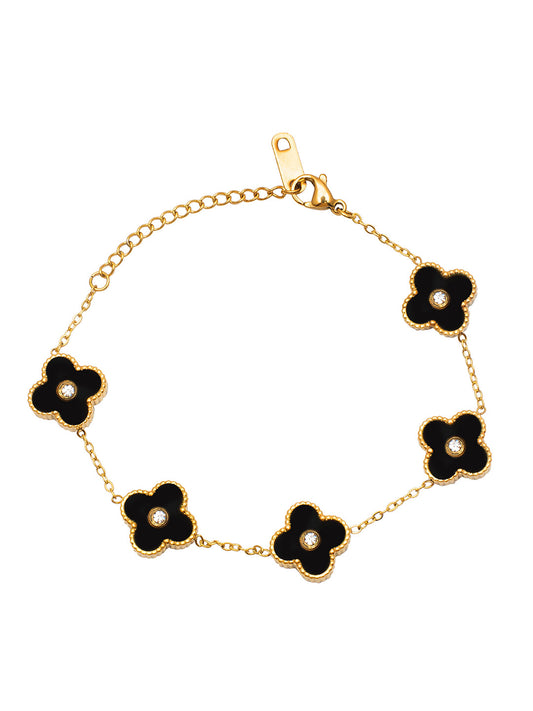 MOONDUST Gold Plated Flower Clover CZ and Crystal Studded Western Style Freesize Bracelet Bangle for Women (MD_3302_BK)