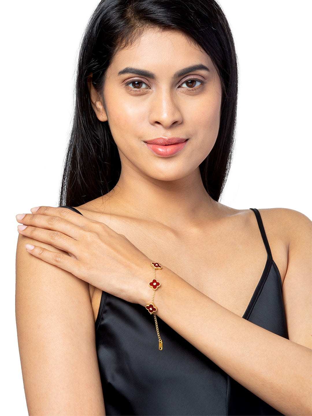 MOONDUST Gold Plated Flower Clover CZ and Crystal Studded Western Style Freesize Bracelet Bangle for Women (MD_3302_R)