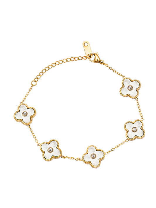 MOONDUST Gold Plated Flower Clover CZ and Crystal Studded Western Style Freesize Bracelet Bangle for Women (MD_3302_W)