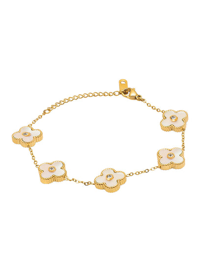 MOONDUST Gold Plated Flower Clover CZ and Crystal Studded Western Style Freesize Bracelet Bangle for Women (MD_3302_W)