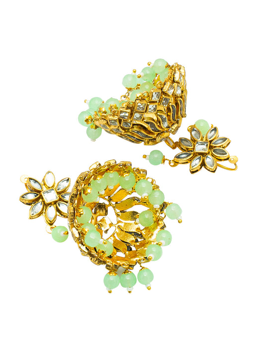 Shining Jewel Gold Plated Traditional Kundan, Pearls, Polki, Big Jhumka Earring and Maang Tikka Combo Set for Women (SJE_01 LG)