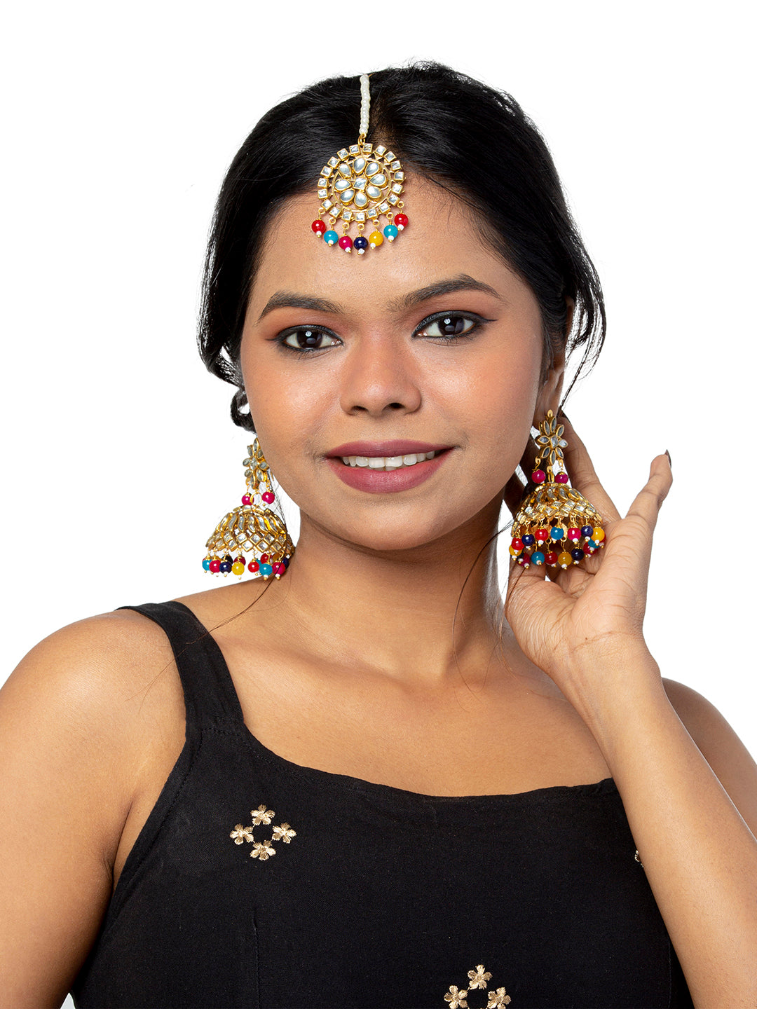 Gold Plated Red Beads Studded Mirror Earrings