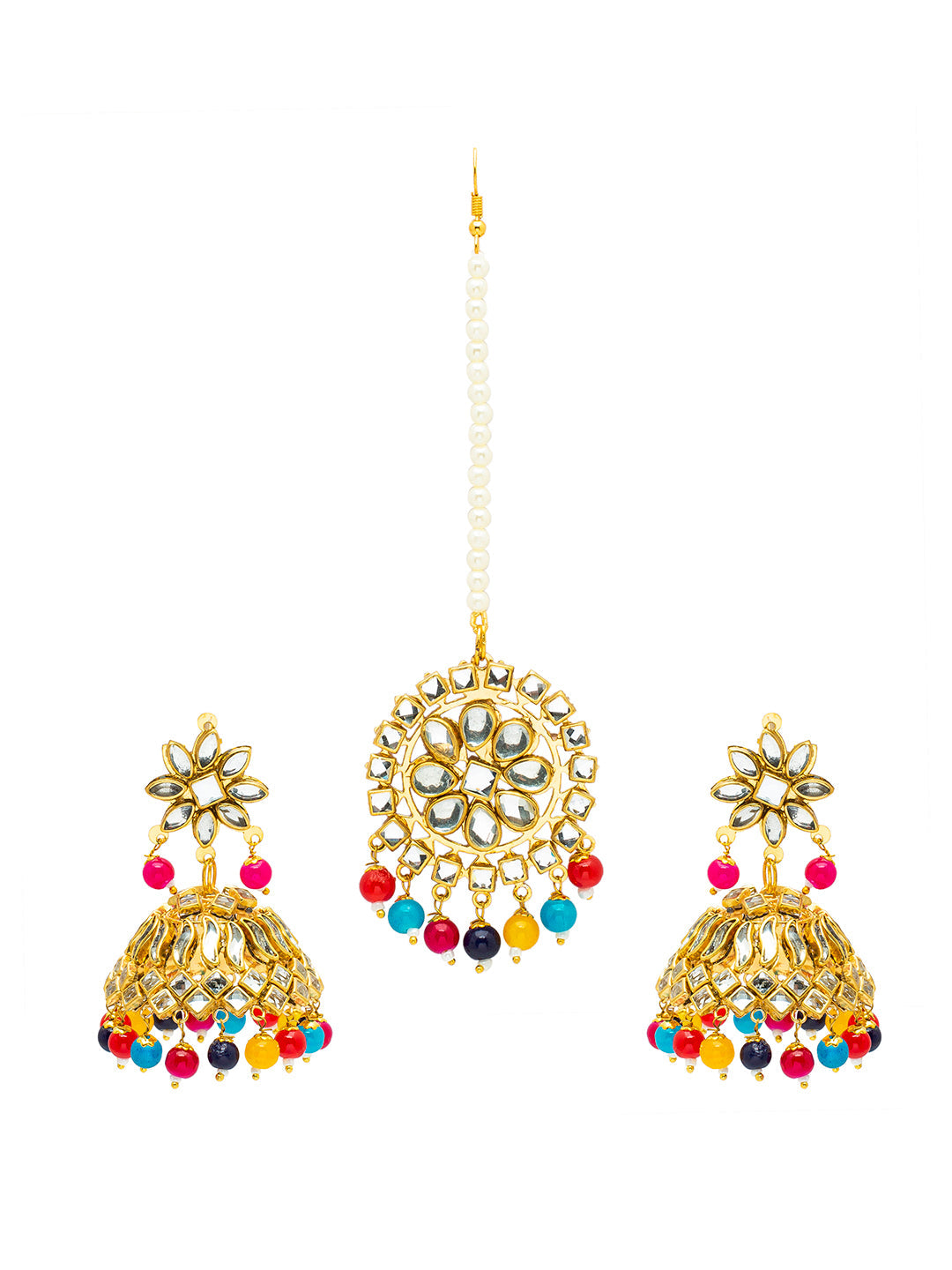 Shining Jewel Gold Plated Traditional Kundan, Pearls, Polki, Big Jhumka Earring and Maang Tikka Combo Set for Women (SJE_01 MT)