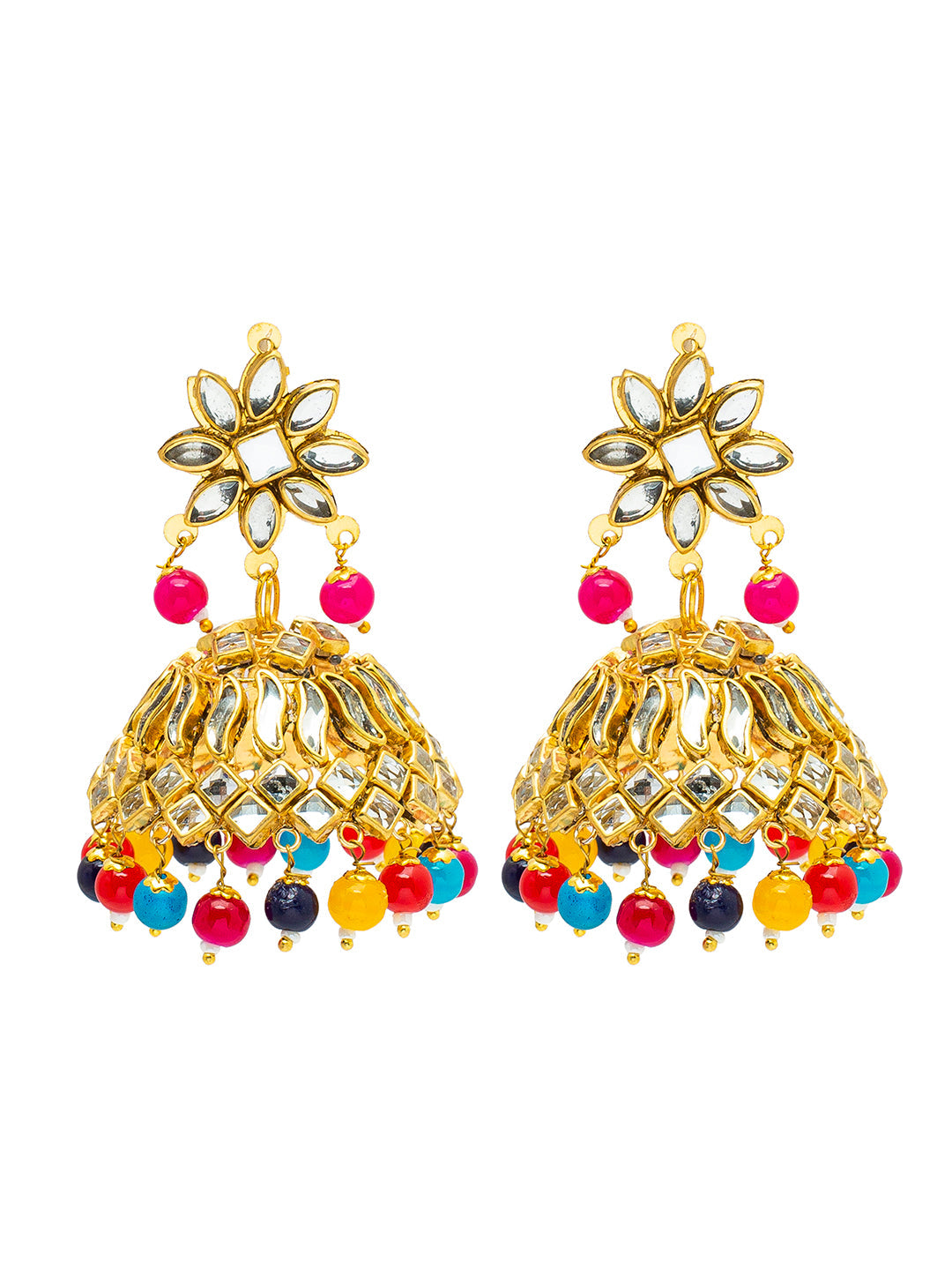Shining Jewel Gold Plated Traditional Kundan, Pearls, Polki, Big Jhumka Earring and Maang Tikka Combo Set for Women (SJE_01 MT)