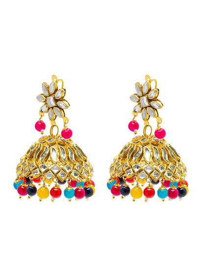 Shining Jewel Gold Plated Traditional Kundan, Pearls, Polki, Big Jhumka Earring and Maang Tikka Combo Set for Women (SJE_01 MT)
