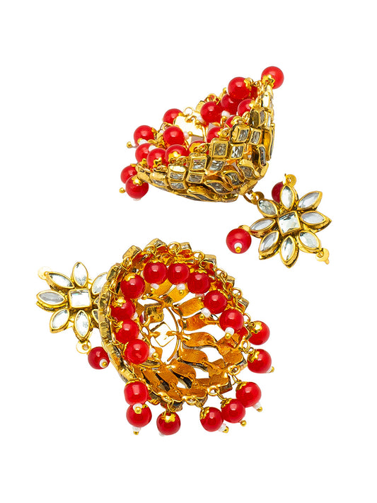 Shining Jewel Gold Plated Traditional Kundan, Pearls, Polki, Big Jhumka Earring and Maang Tikka Combo Set for Women (SJE_01_R)
