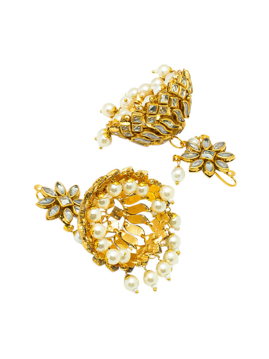Shining Jewel Gold Plated Traditional Kundan, Pearls, Polki, Big Jhumka Earring and Maang Tikka Combo Set for Women (SJE_01_W)