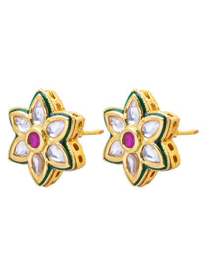 Shining Jewel Traditional Indian Gold Plated Flower Design Kundan, LCT, Pearls and CZ studded Traditonal Kundan Polki Ethnic Stud Eaarrings for Women (SJE_04)