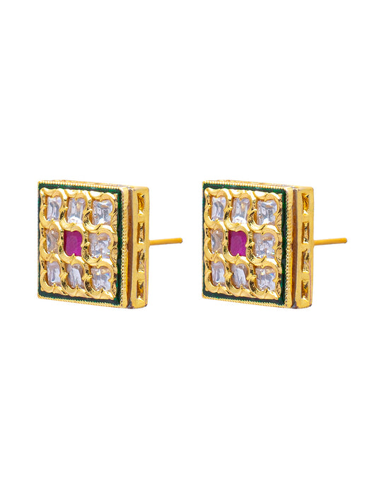 Shining Jewel Traditional Indian Gold Plated Square Design Kundan, LCT, Pearls and CZ studded Traditonal Kundan Polki Ethnic Stud Eaarrings for Women (SJE_07)