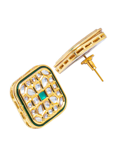 Shining Jewel Traditional Indian Gold Plated Large Square Design Kundan, LCT, Pearls and CZ studded Traditonal Kundan Polki Ethnic Stud Eaarrings for Women (SJE_08_G)